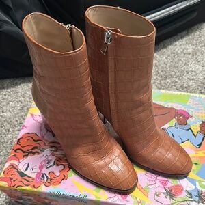 Tan Croc-Embossed Ankle Boots
